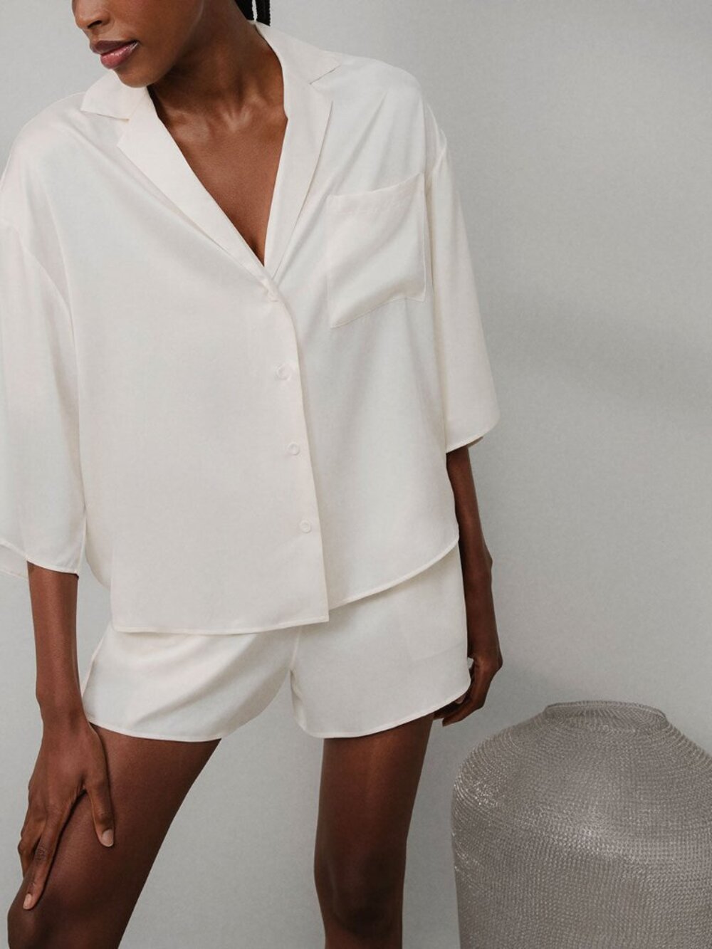 Lunya Washable Silk Relaxed Button Up Short Set Size MTranquil White / M